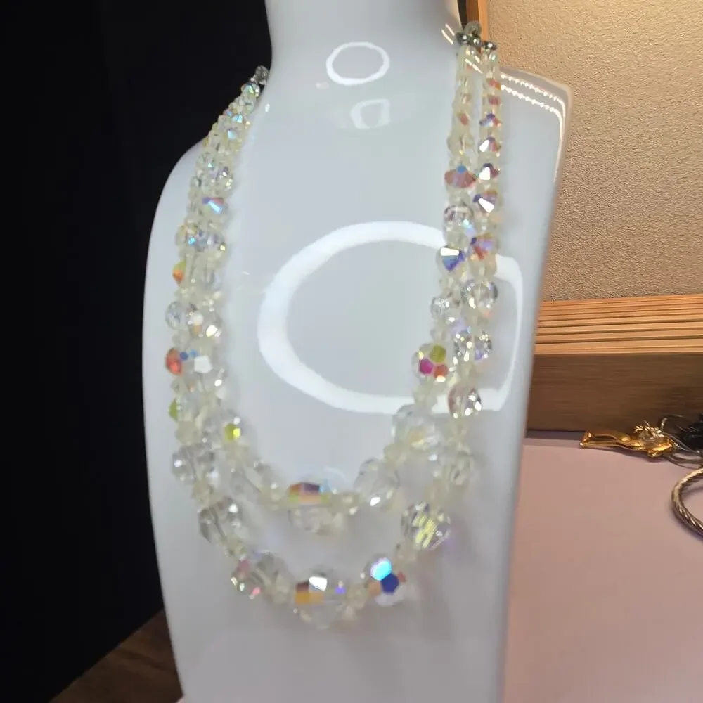 Vintage 1950s Aurora Borealis Crystal Double Strand Necklace Graduated Bead